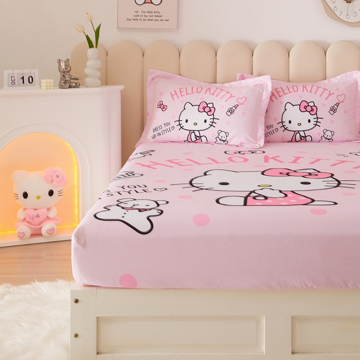 91家纺网 家纺一手货源 找家纺 蘭菲家纺 2024新款全棉大版三丽鸥卡通单床笠 甜心KT