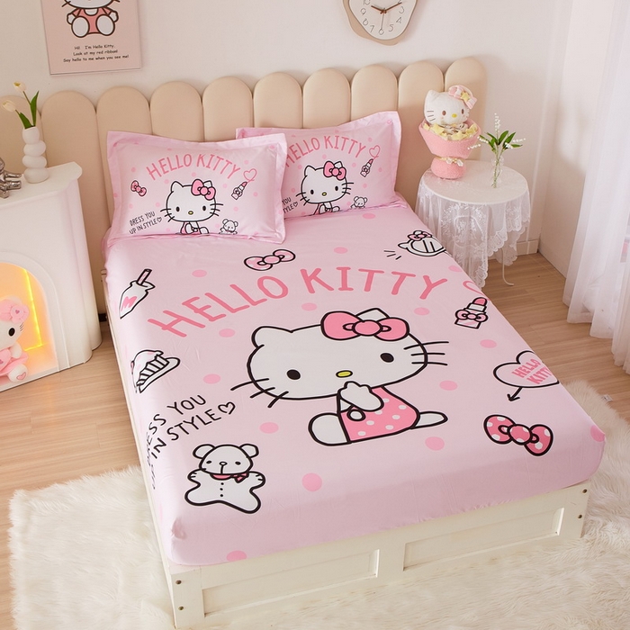 91家纺网 家纺一手货源 找家纺 蘭菲家纺 2024新款全棉大版三丽鸥卡通单床笠 甜心KT