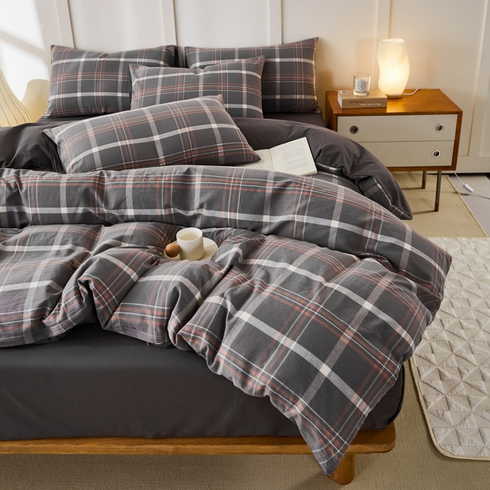 91家纺网 家纺一手货源 找家纺 凡客家居 2024新款全棉色织水洗棉被套学生宿舍 米亚—灰