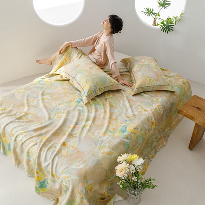 91家纺网 家纺一手货源 找家纺 2024 竹席冰丝竹纤维凉席空调席印花席子凉席三件套冰凉感软席子 油画杏