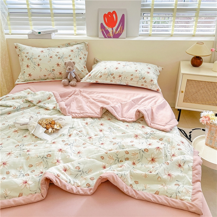 91家纺网 家纺一手货源 找家纺 梵克保罗 2024新款春夏水洗棉麻双层纱夏被四件套 花样甜心