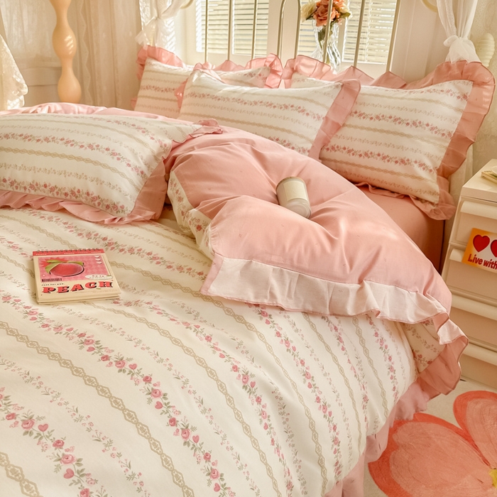 91家纺网 家纺一手货源 找家纺 眠屿 2024新款40支全棉花边四件套 柔美花秀