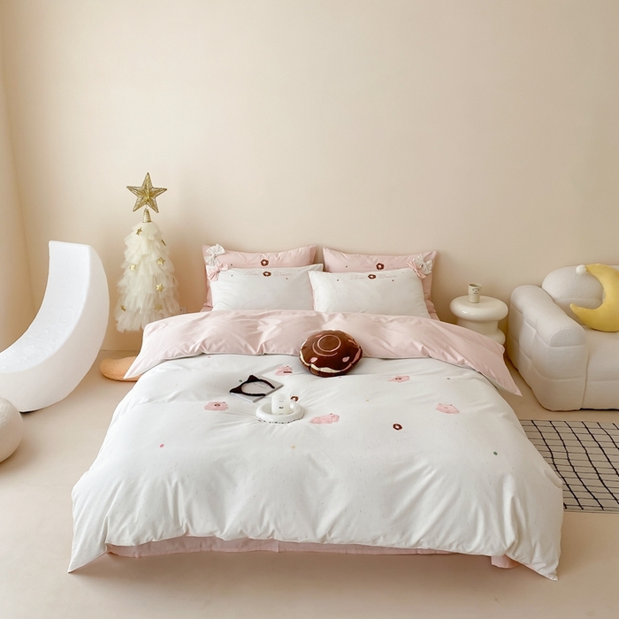 91家纺网 家纺一手货源 找家纺 朗莎 2024新款40S水洗棉四件套 粉猪猪