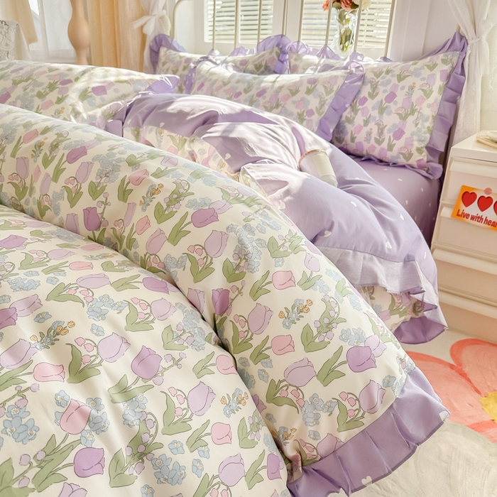 91家纺网 家纺一手货源 找家纺 眠屿 2024新款40支全棉花边四件套 春之画卷