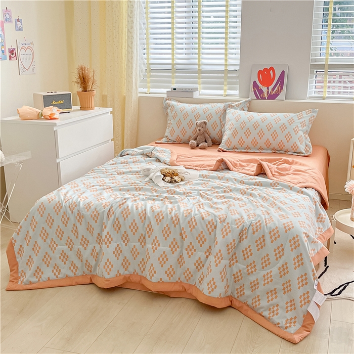 91家纺网 家纺一手货源 找家纺 梵克保罗 2024新款春夏水洗棉麻双层纱夏被四件套 棋盘格