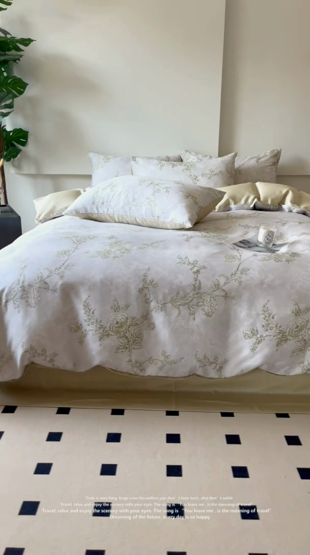 91家纺网 家纺一手货源 找家纺 千朵 2024新款莱赛尔天丝四件套 美人蕉绿