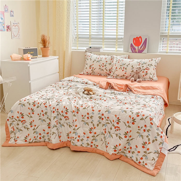 91家纺网 家纺一手货源 找家纺 梵克保罗 2024新款春夏水洗棉麻双层纱夏被四件套 枇杷树