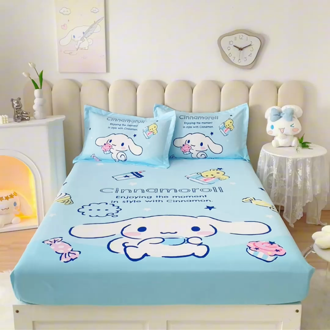 91家纺网 家纺一手货源 找家纺 蘭菲家纺 2024新款全棉大版三丽鸥卡通单床笠 吃货