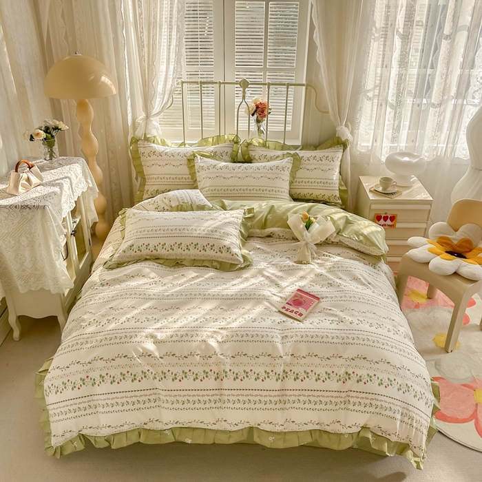 91家纺网 家纺一手货源 找家纺 眠屿 2024新款40支全棉花边四件套 叶雨