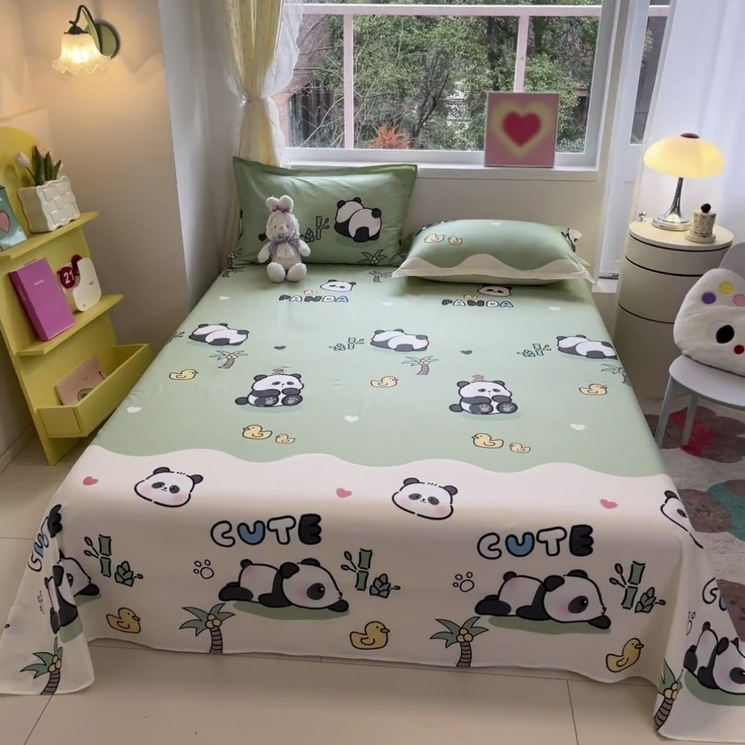 91家纺网 家纺一手货源 找家纺 绵庭家纺 2024新款AB版12868全棉印花单床单 熊猫戏水绿