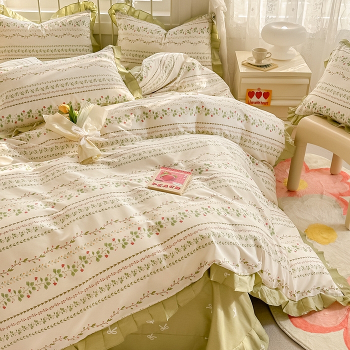 91家纺网 家纺一手货源 找家纺 眠屿 2024新款40支全棉花边四件套 叶雨