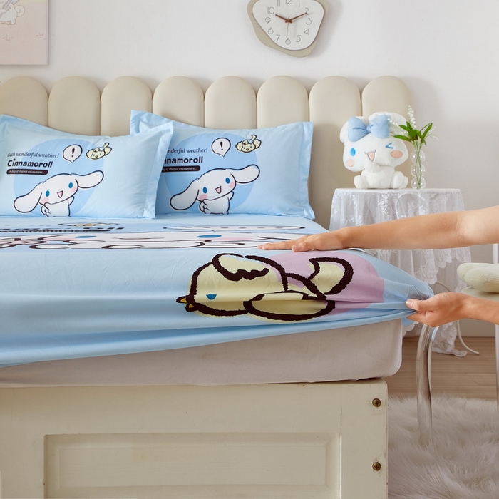 91家纺网 家纺一手货源 找家纺 蘭菲家纺 2024新款全棉大版三丽鸥卡通单床笠 布丁