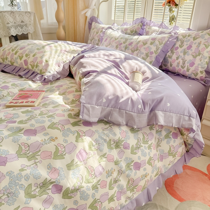 91家纺网 家纺一手货源 找家纺 眠屿 2024新款40支全棉花边四件套 春之画卷