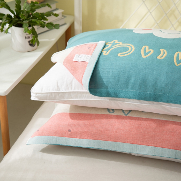 91家纺网 家纺一手货源 找家纺 朴尔家纺-毛巾被 2024新款卡通风格全棉四层纱布枕巾 云朵-绿