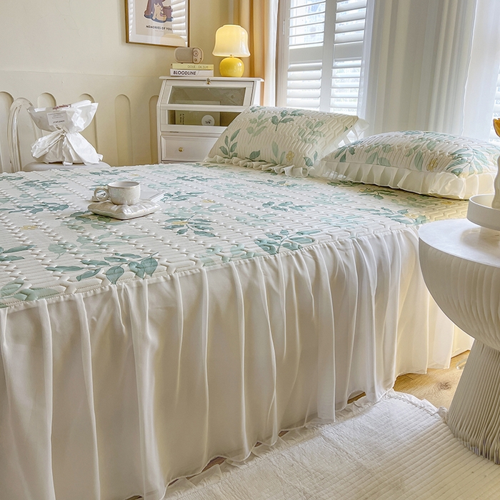 91家纺网 家纺一手货源 找家纺 慕澄家纺 2024新款小版印花床裙款乳胶凉席三件套 床裙款-绿叶