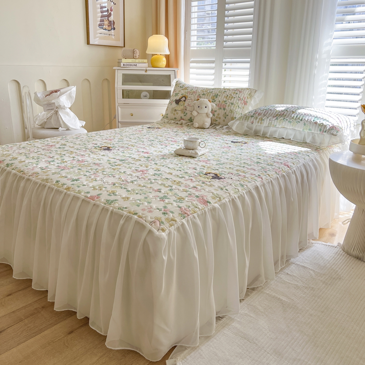 91家纺网 家纺一手货源 找家纺 慕澄家纺 2024新款小版印花床裙款乳胶凉席三件套 床裙款-夏天