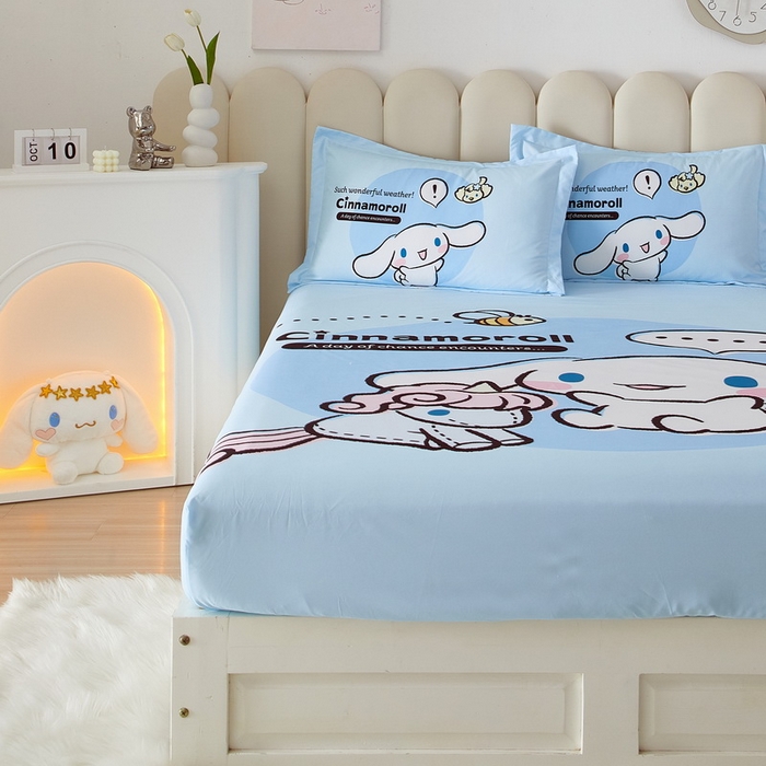 91家纺网 家纺一手货源 找家纺 蘭菲家纺 2024新款全棉大版三丽鸥卡通单床笠 布丁