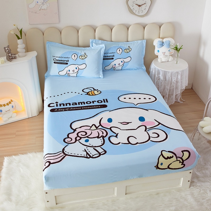 91家纺网 家纺一手货源 找家纺 蘭菲家纺 2024新款全棉大版三丽鸥卡通单床笠 布丁