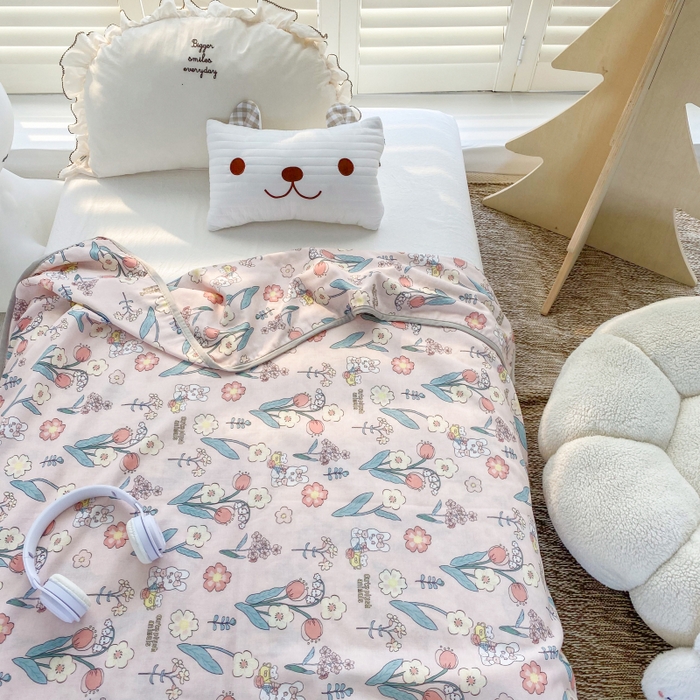 91家纺网 家纺一手货源 找家纺 潮邦 2025新款全棉双层纱多功能盖毯 心怡粉