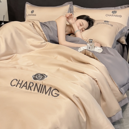 91家纺网 家纺一手货源 找家纺 江暮云家纺 2025新款A类水洗真丝刺绣夏被四件套-百丽儿 百丽儿奶茶-中灰