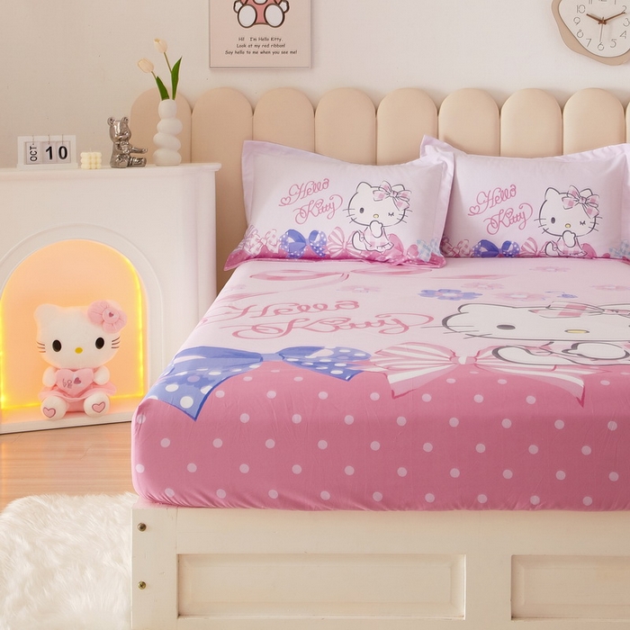 91家纺网 家纺一手货源 找家纺 蘭菲家纺 2024新款全棉大版三丽鸥卡通单床笠 炫彩KT