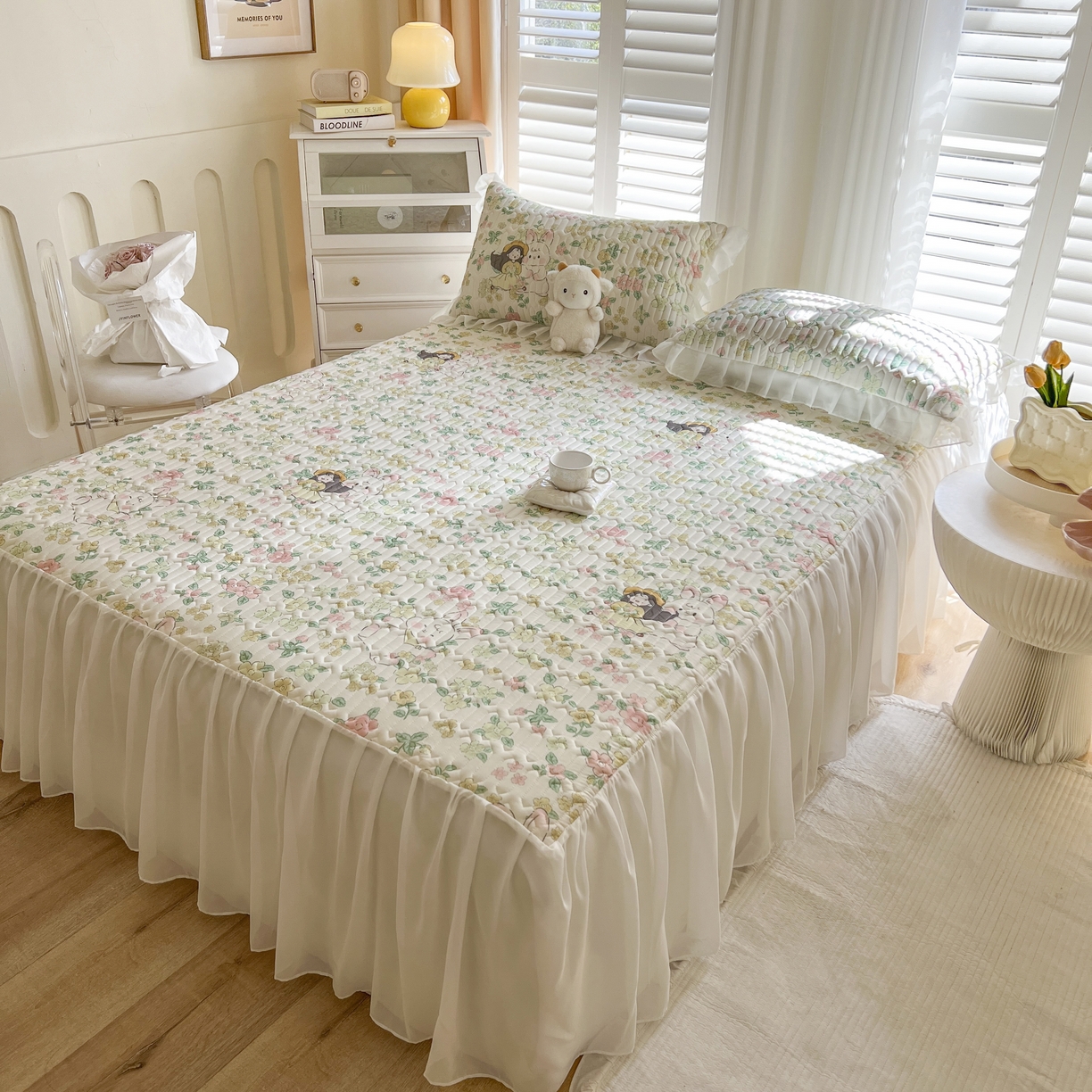 91家纺网 家纺一手货源 找家纺 慕澄家纺 2024新款小版印花床裙款乳胶凉席三件套 床裙款-夏天