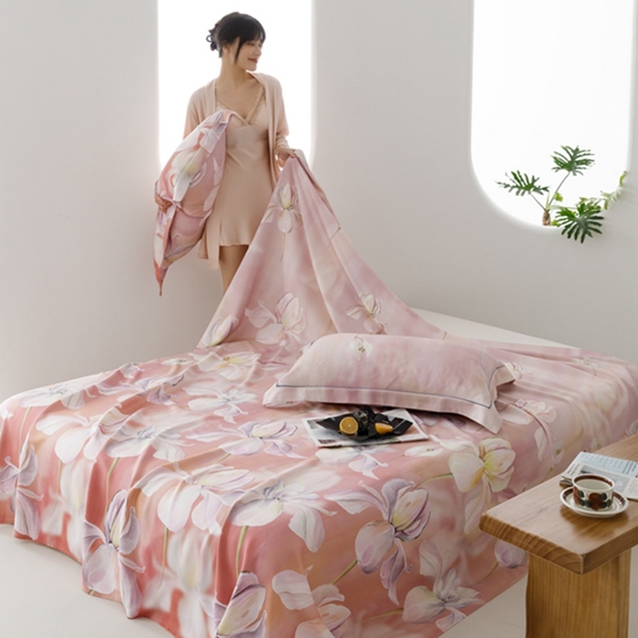 91家纺网 家纺一手货源 找家纺 2024 竹席冰丝竹纤维凉席空调席印花席子凉席三件套冰凉感软席子 绽放粉