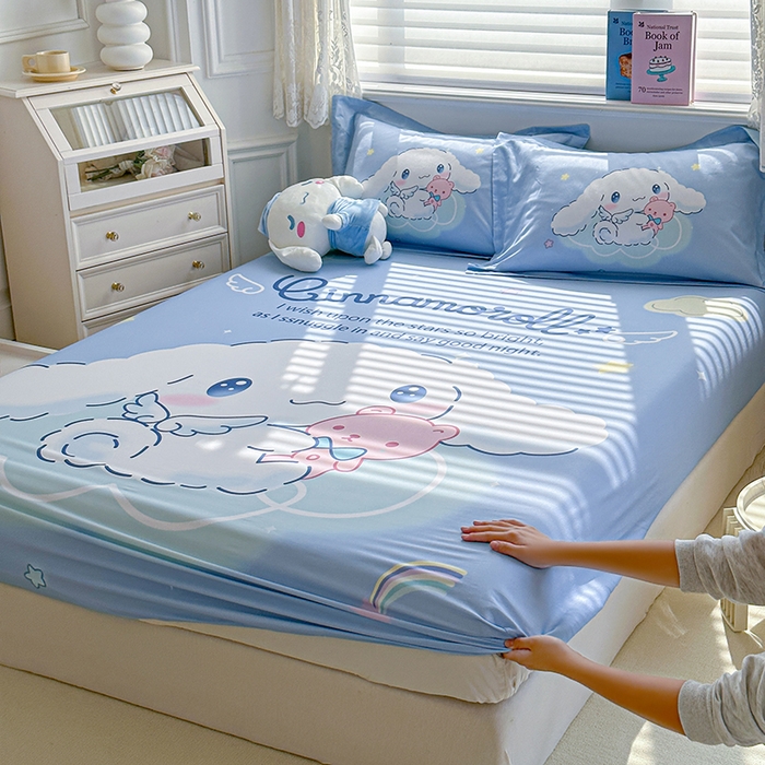 91家纺网 家纺一手货源 找家纺 蘭菲家纺 2024新款全棉大版三丽鸥卡通单床笠 棉花糖