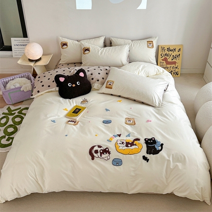 91家纺网 家纺一手货源 找家纺 眠屿 2024新款A类全棉40支水洗棉毛巾绣四件套 面包猫咪