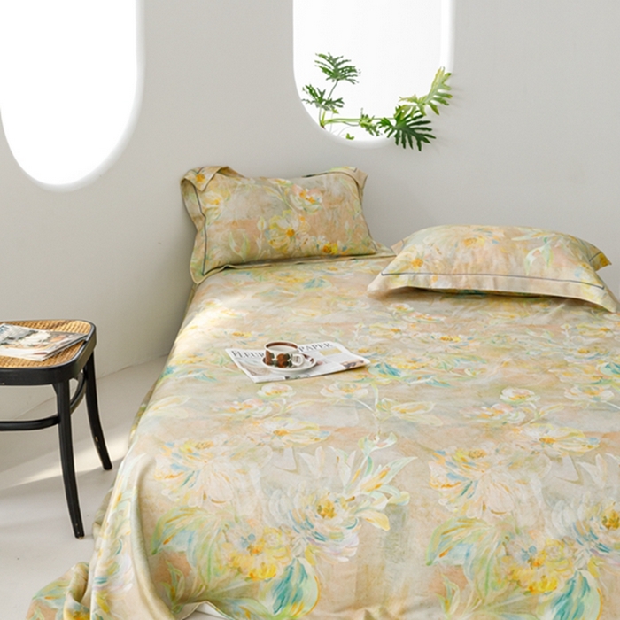 91家纺网 家纺一手货源 找家纺 2024 竹席冰丝竹纤维凉席空调席印花席子凉席三件套冰凉感软席子 油画杏