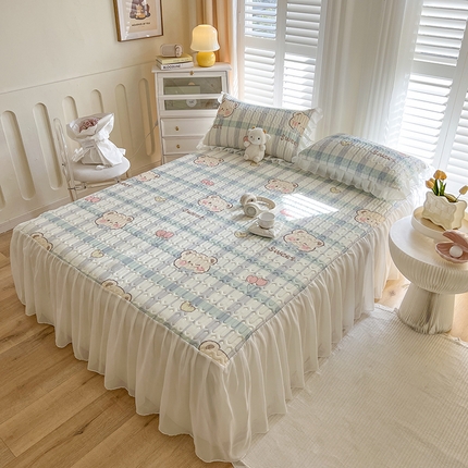 91家纺网 家纺一手货源 找家纺 慕澄家纺 2024新款小版印花床裙款乳胶凉席三件套 床裙款-格子熊