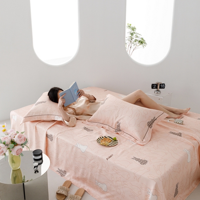 91家纺网 家纺一手货源 找家纺 2024 竹席冰丝竹纤维凉席空调席印花席子凉席三件套冰凉感软席子 宝贝兔粉