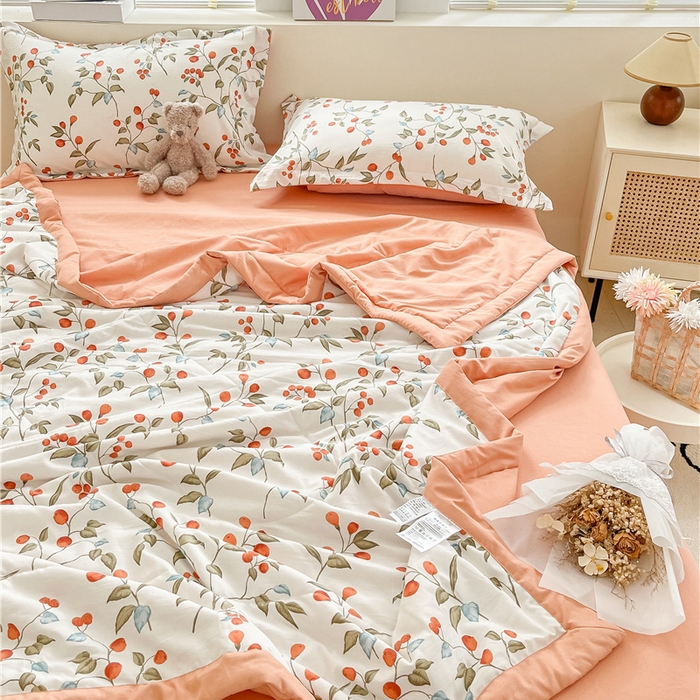 91家纺网 家纺一手货源 找家纺 梵克保罗 2024新款春夏水洗棉麻双层纱夏被四件套 枇杷树