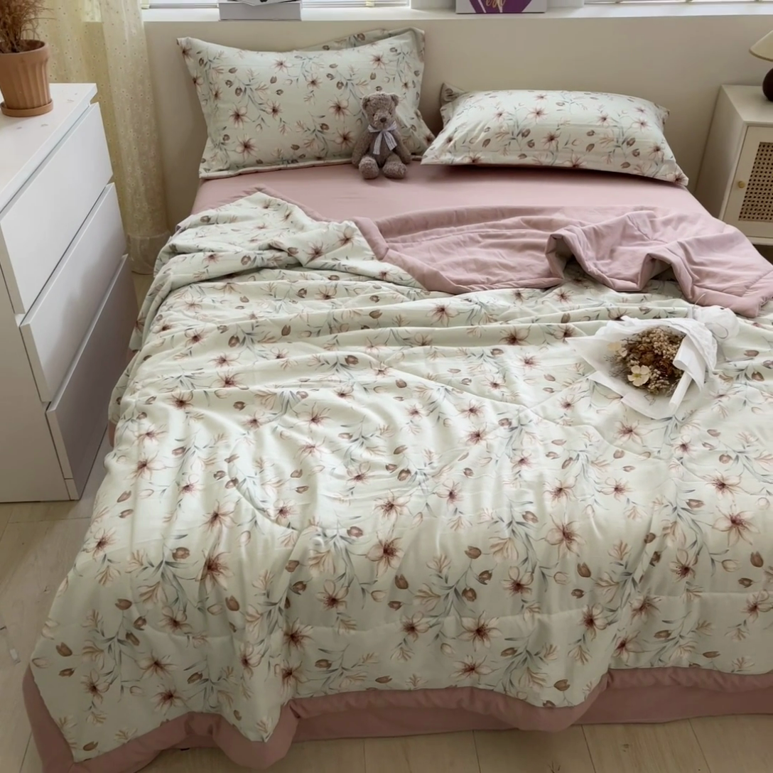 91家纺网 家纺一手货源 找家纺 梵克保罗 2024新款春夏水洗棉麻双层纱夏被四件套 花样甜心