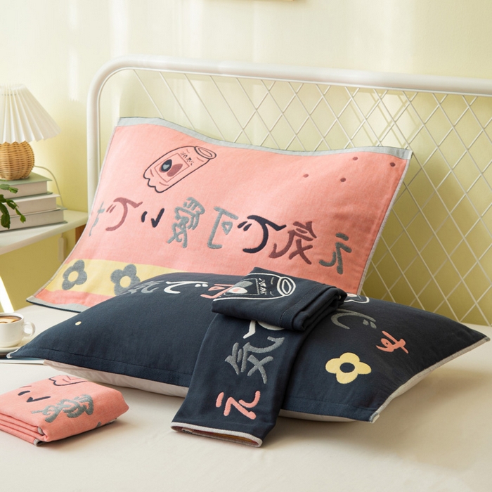 91家纺网 家纺一手货源 找家纺 朴尔家纺-毛巾被 2024新款卡通风格全棉四层纱布枕巾 可爱-藏青