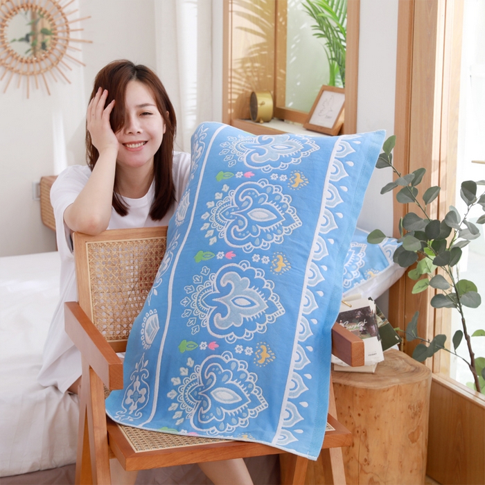 91家纺网 家纺一手货源 找家纺 朴尔家纺 2024新款柔棉卡漫风系列三层纱布枕巾 52*78cm一对 欣欣向荣兰