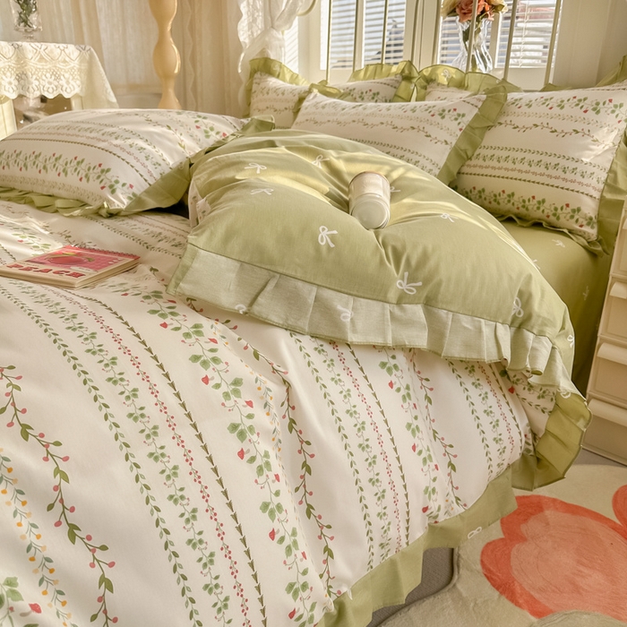 91家纺网 家纺一手货源 找家纺 眠屿 2024新款40支全棉花边四件套 叶雨