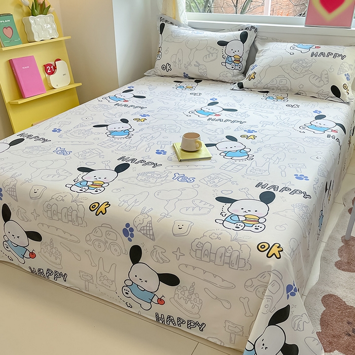 91家纺网 家纺一手货源 找家纺 绵庭家纺 2024新款AB版12868全棉印花单床单 蓝色小狗