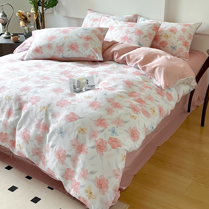 91家纺网 家纺一手货源 找家纺 千朵 2024新款莱赛尔天丝四件套 妙花粉