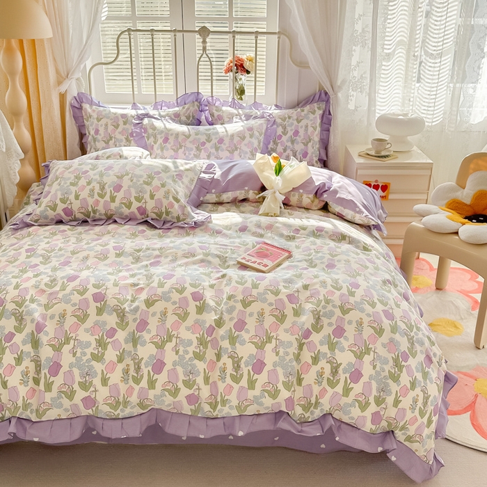 91家纺网 家纺一手货源 找家纺 眠屿 2024新款40支全棉花边四件套 春之画卷