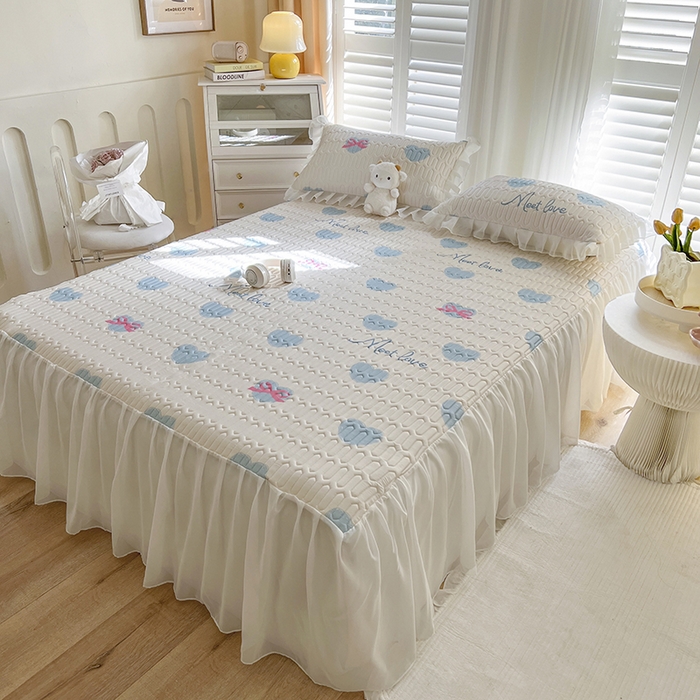 91家纺网 家纺一手货源 找家纺 慕澄家纺 2024新款小版印花床裙款乳胶凉席三件套 床裙款-心情