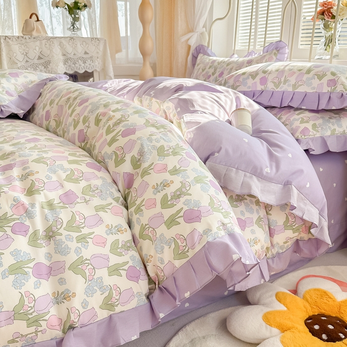 91家纺网 家纺一手货源 找家纺 眠屿 2024新款40支全棉花边四件套 春之画卷