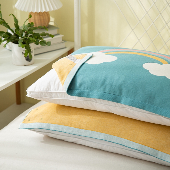 91家纺网 家纺一手货源 找家纺 朴尔家纺-毛巾被 2024新款卡通风格全棉四层纱布枕巾 彩虹-绿