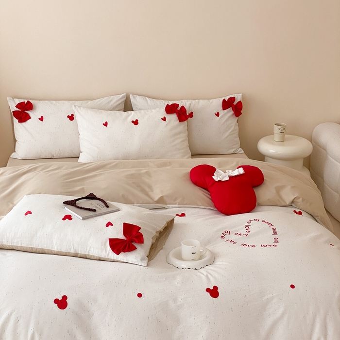 91家纺网 家纺一手货源 找家纺 朗莎 2024新款40S水洗棉四件套 爱心米奇