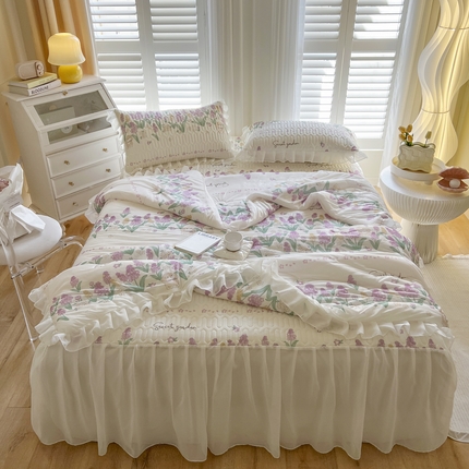 慕澄家纺 2024新款小版印花床裙款乳胶凉席凉感丝夏被四件套 床裙款-紫色浪漫