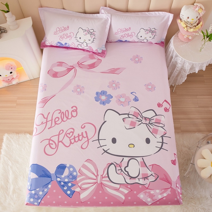 91家纺网 家纺一手货源 找家纺 蘭菲家纺 2024新款全棉大版三丽鸥卡通单床笠 炫彩KT