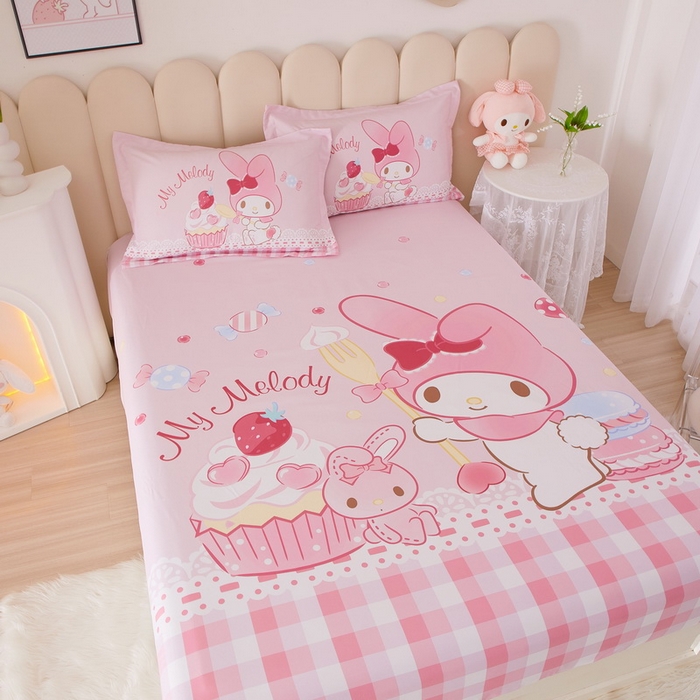 91家纺网 家纺一手货源 找家纺 蘭菲家纺 2024新款全棉大版三丽鸥卡通单床笠 节日快乐