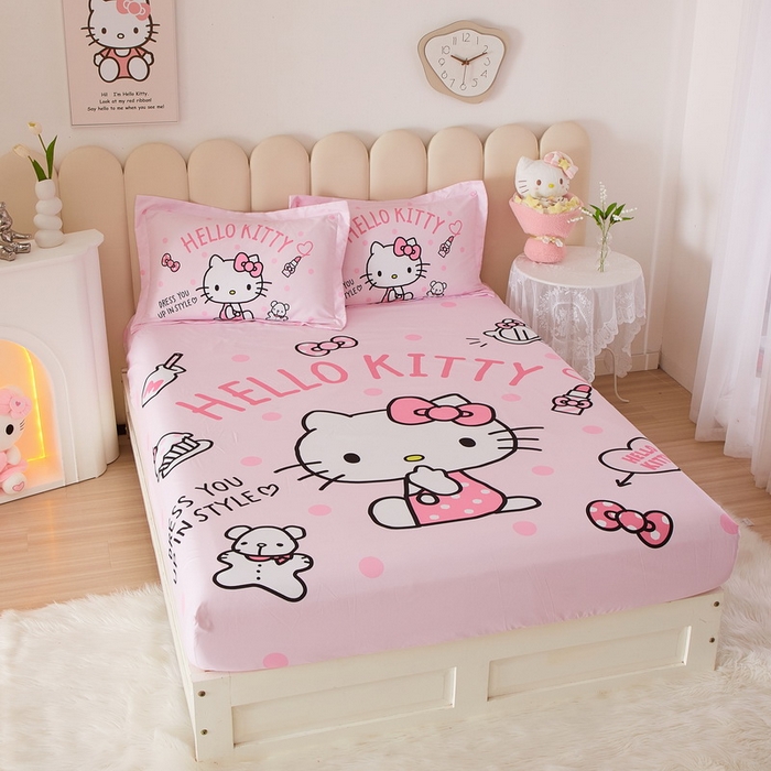 91家纺网 家纺一手货源 找家纺 蘭菲家纺 2024新款全棉大版三丽鸥卡通单床笠 甜心KT