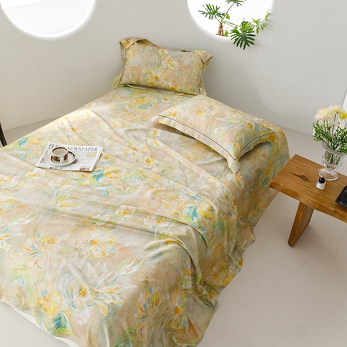 91家纺网 家纺一手货源 找家纺 2024 竹席冰丝竹纤维凉席空调席印花席子凉席三件套冰凉感软席子 油画杏