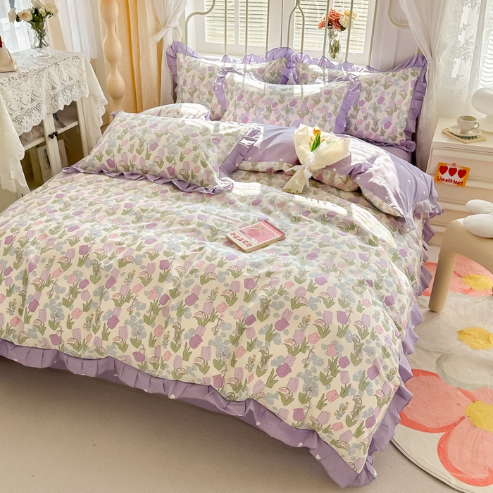 91家纺网 家纺一手货源 找家纺 眠屿 2024新款40支全棉花边四件套 春之画卷